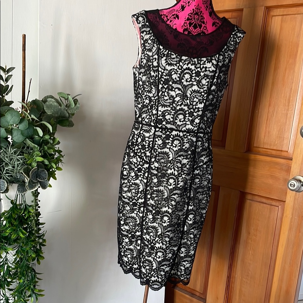 Vera Wang Black and White Midi Sheath Dress